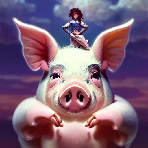 Prompt: cute pig in the sky, cute and cuddly, highly detailed, photorealistic, octane render, 8 k, unreal engine. art by artgerm and greg rutkowski and alphonse mucha, beautiful