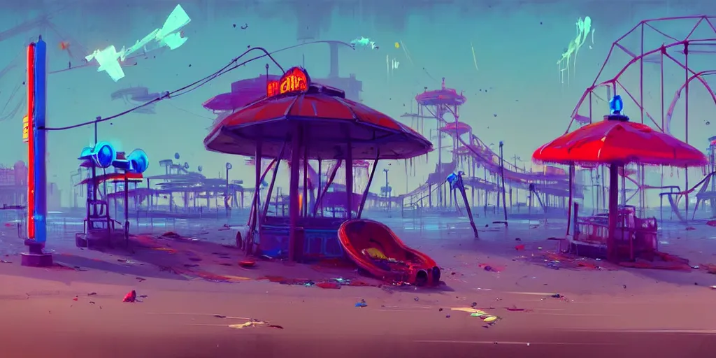 Image similar to concept art of a polluted beachfront with a broken pier and abandoned amusement park attractions, grimy, gritty, trending on artstation, award winning painting, cgi, art by anton fadeev and john howe and simon stalenhag