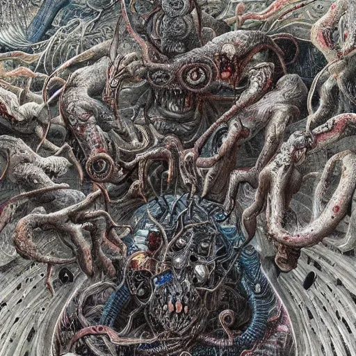 Prompt: hyper detailed fine painting with strange and complex textures of a being with chaotic shapes and deformed monsters inside, all fighting each other like subversive and changing particles, surreal cosmic horror