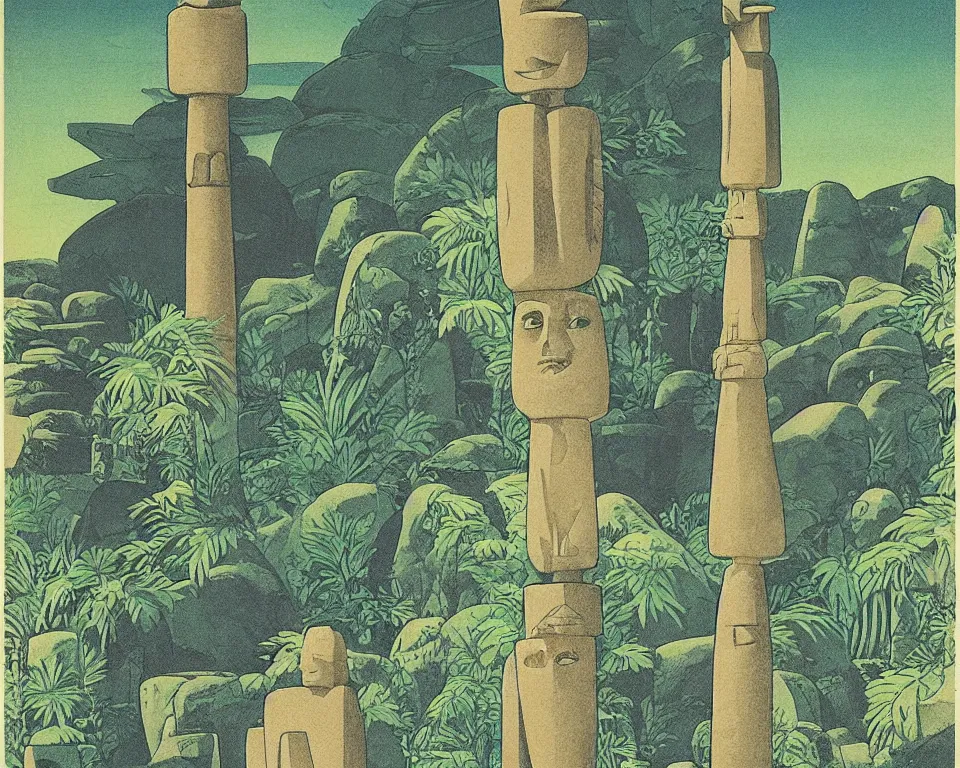 Prompt: Art Deco print of miniature stone tiki idols and totem poles in the jungle by Hasui Kawase and Lyonel Feininger.