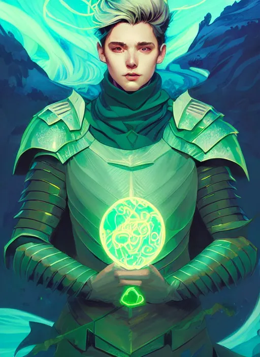 Prompt: style artgerm, joshua middleton, illustration, john krasinski as rune knight wearing green pelt light armor, blue hair, swirling water cosmos, fantasy, dnd, cinematic lighting