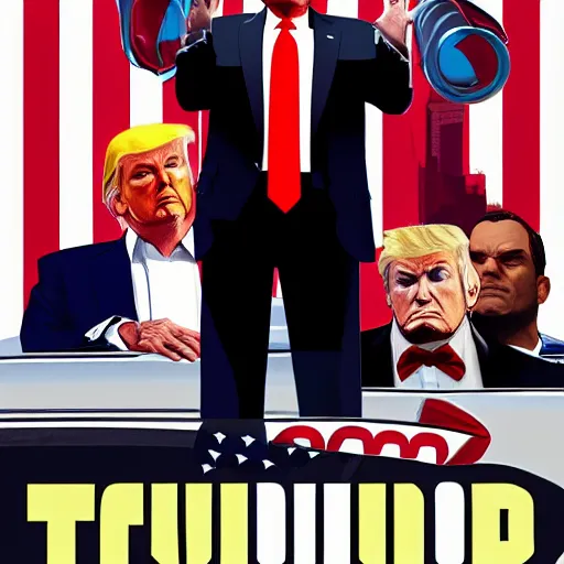 Prompt: Donald Trump in GTA V, cover art by Stephen Bliss, artstation