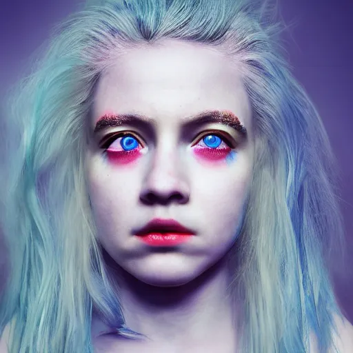 Prompt: portrait of young girl half dragon half human, dragon girl, dragon skin, dragon eyes, dragon crown, blue hair, long hair, highly detailed, cinematic lighting, by David Lynch and Robert Eggers
