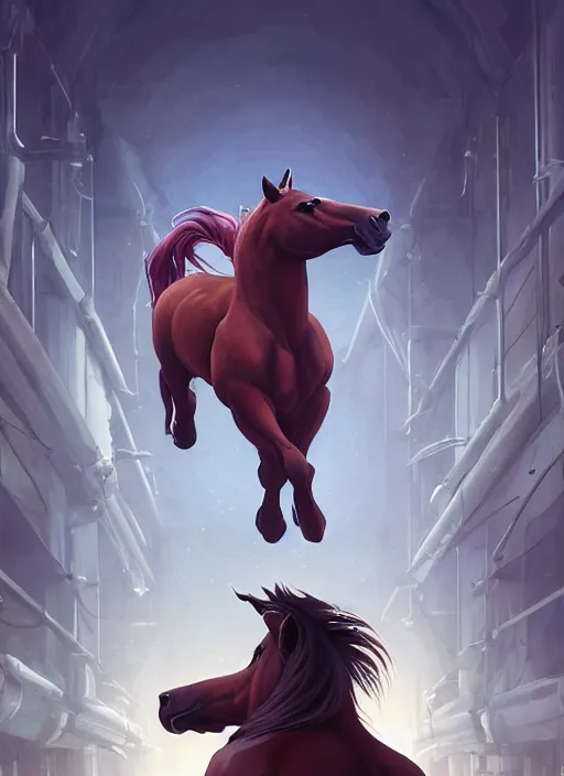 Image similar to splash art of an enormously muscular male anthro horse in a research facility wearing a skintight body armor, long white mane, 8 k, unreal engine, by greg rutkowski, loish, rhads, ferdinand knab, makoto shinkai and lois van baarle, ilya kuvshinov, rossdraws, tom bagshaw