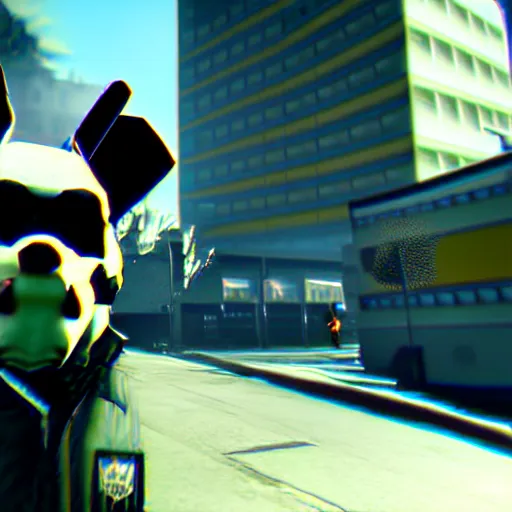 Image similar to screenshot from the pc game payday 2 ( max graphics settings ) demonstrating the fursuit unlock