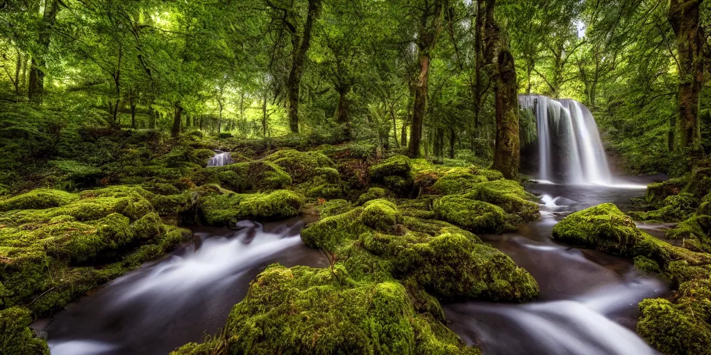 Image similar to a secret glade with waterfall, cinematic lighting, wide angle landscape photography, hyperrealistic, 8k