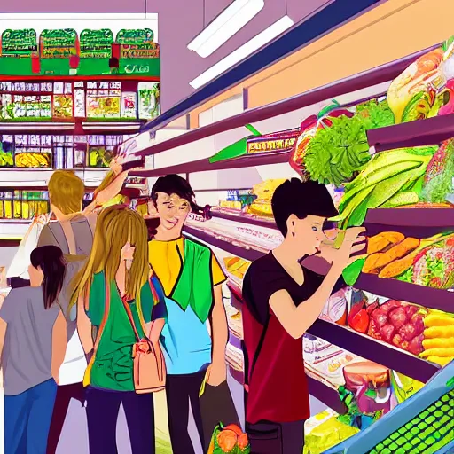 Prompt: teens visiting groceries store artwork by ztoon zt 0 0 n