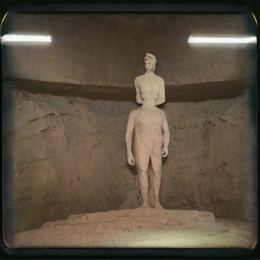 Image similar to a very large statue inside of a underground quarry, megalophobia, expired film, old polaroid,