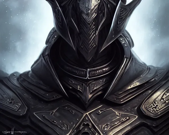 Prompt: extreme close up portrait of a dark elf in futuristic black leather armor, reflective black, bottom up lighting, stoic, poised, deep focus, d & d, fantasy, intricate, highly detailed, digital painting, artstation, concept art, matte, sharp focus, illustration, hearthstone, art by artgerm and greg rutkowski and alphonse mucha