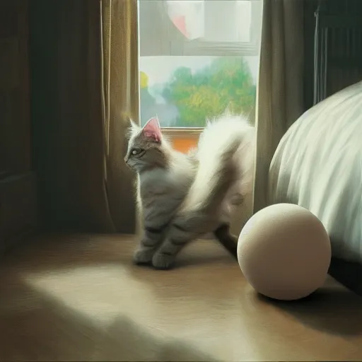 Prompt: cream color maine coon cat chasing a cat-toy-ball in a sunlit bedroom, in style of Ruan Jia