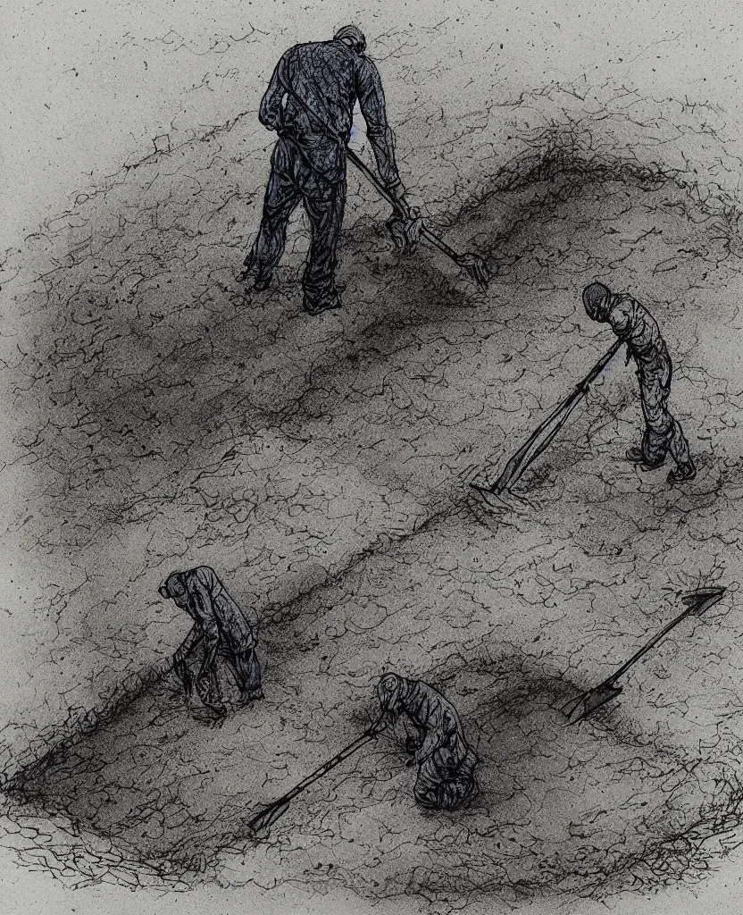 Image similar to a man with a shovel standing digging up a grave with a dead body in it, subtle blue, orange, and dark green tones, high quality, high detail, dark colors, sinister atmosphere, dramatic lighting, cinematic, establishing shot, extremely high detail, photo realistic, cinematic lighting, pen and ink, intricate line drawings, by Yoshitaka Amano, Ruan Jia, Kentaro Miura, Artgerm, post processed, concept art, artstation, matte painting, style by eddie mendoza, raphael lacoste, alex ross