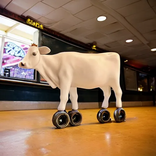 Image similar to simple cow on roller skates in diner