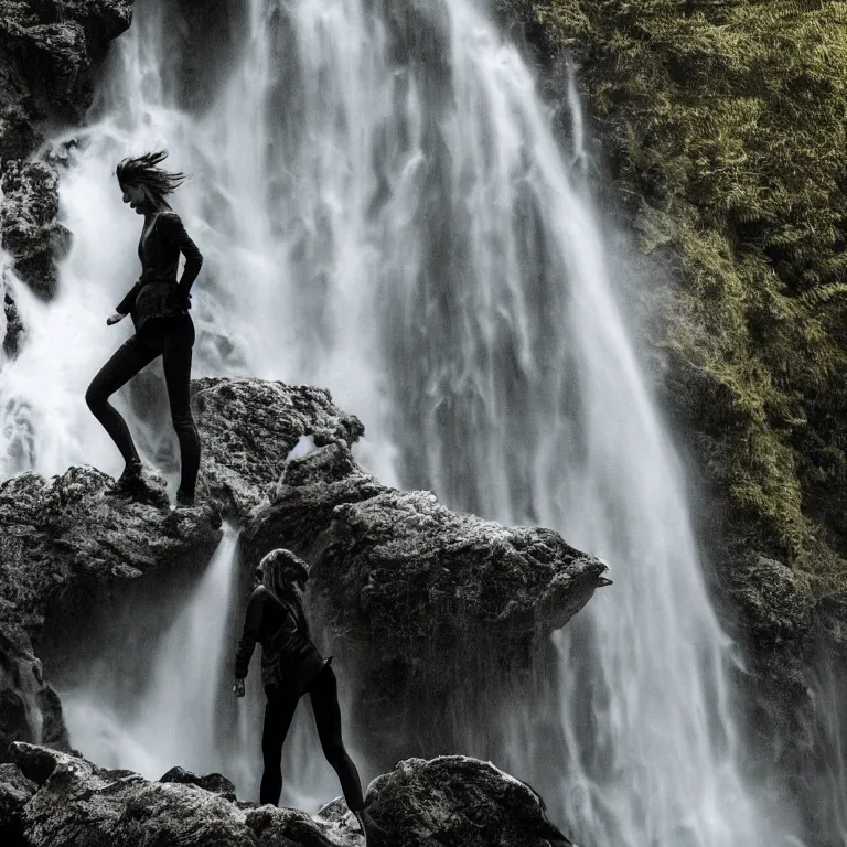 Image similar to intimate photo of emma watson walking through a waterfall, portrait in the style of petter hegre, sharp details, beautiful face, pale skin, rule of thirds, cinematic lighting, rainy weather, melancholy atmosphere, sharp focus, backlit, stunning, smooth, hard focus, full body shot, instagram photo, shot on iphone 1 3 pro max, hyper realistic
