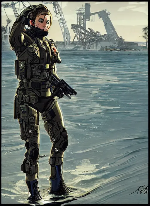 Prompt: Maryanne. USN blackops operator emerging from water at the shoreline. Operator wearing Futuristic cyberpunk tactical wetsuit and looking at an abandoned shipyard. Frogtrooper. rb6s, MGS, and splinter cell Concept art by James Gurney, Alphonso Mucha. Vivid color scheme.