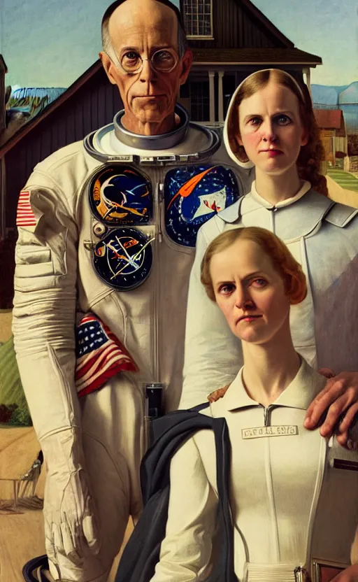 Prompt: super super super epic cinematic shot of an astronaut couple, American Gothic style, 8k scene, digital art, drawn by j.c. leyendecker, amazing quality