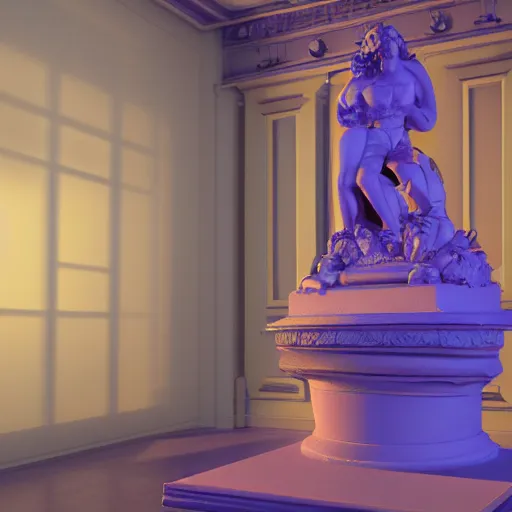 Image similar to baroque vaporwave statue, trending on art station, 4k UHD, 8k, painting illustration, high detail, rendered in unreal engine, 3d render, god rays, volumetric lighting, award winning, photorealistic, Peter Stephens