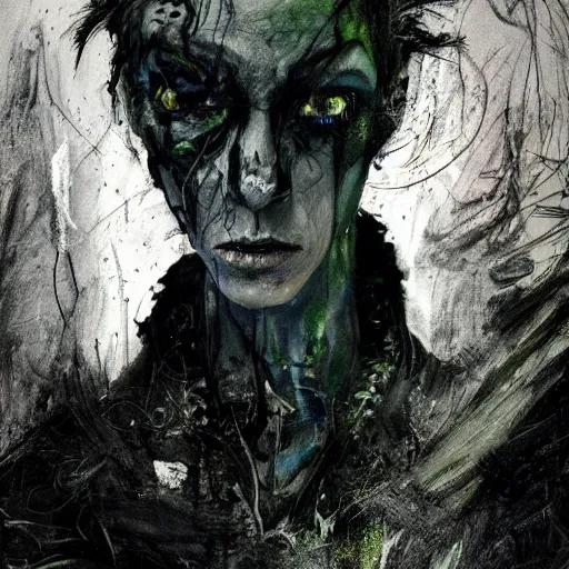 Prompt: emaciated ( the cure fan ) as dream from sandman, dim stars as eyes, by jeremy mann, by cedric peyravernay, by by russ mills, by richard avedon and ben templesmith, dramatic lightning, sadness, dark eye sockets, in the green shadows, punk rock, gothic, high detailed, 8 k