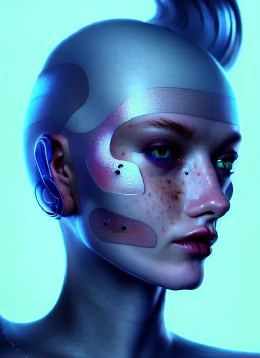 Prompt: beautiful scandinavian female humanoid with freckles, by loish, d & d, fantasy, cyber neon lighting, futurism, intricate futuristic jewelry accessories, cyberpunk high fashion glossy latex suit, profile posing, perfect anatomy, hyper photorealistic, digital photography, artstation, pinterest, concept art, art by pascal blanche and greg rutkowski,