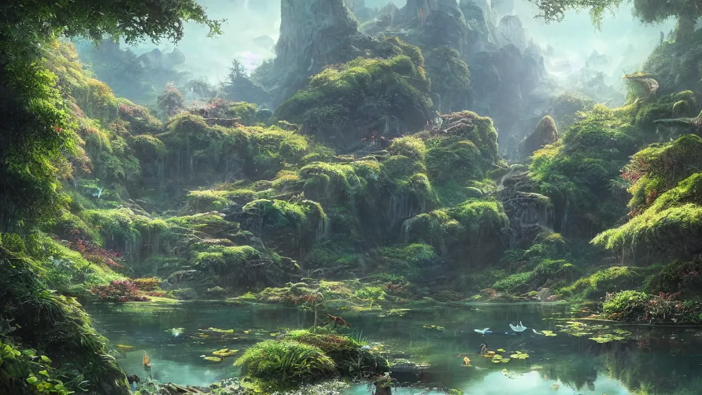 Image similar to a ultradetailed beautiful matte painting of a peaceful pond with a clear water where a majestic ancient dragon with intricate green scale is peacefully sleeping, dynamic lighting, cinematic lighting, lit by morning light, by krenz cushart and artgerm, unreal engine, featured on artstation