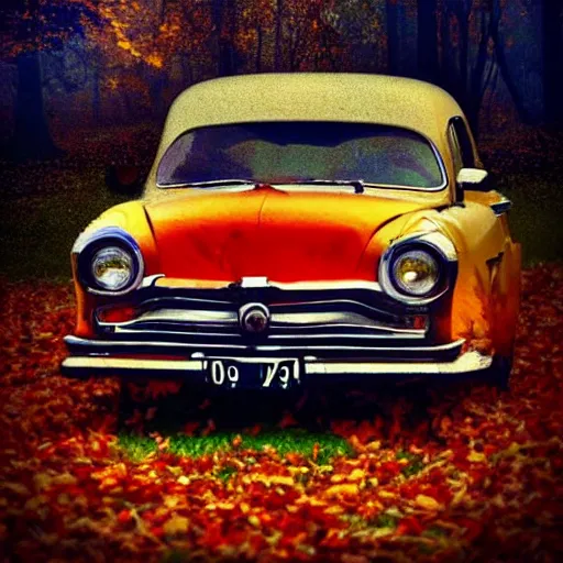 Prompt: vintage car made of autumn, cinematic, pop art style, featured on artstation, happy, vintage colors, poster