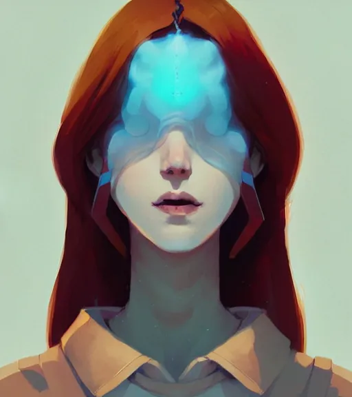 Image similar to portrait of a female mage, red hair, by atey ghailan, by greg rutkowski, by greg tocchini, by james gilleard, by joe fenton, by kaethe butcher, dynamic lighting, gradient light blue, brown, blonde cream and white color scheme, grunge aesthetic