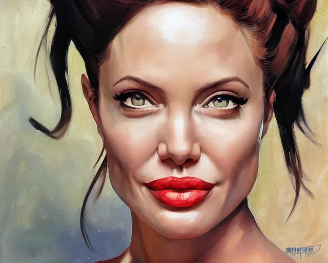 Image similar to greg manchess portrait painting of smiling angelina jolie as beautiful thick female bodybuilder zarya from overwatch, medium shot, asymmetrical, profile picture, organic painting, sunny day, matte painting, bold shapes, hard edges, street art, trending on artstation, by huang guangjian and gil elvgren and sachin teng