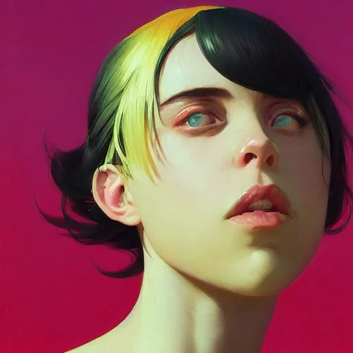 Image similar to 4k headshot of thicc Billie Eilish from Macfarlane comics, killing with green fire by Craig Mullins, ilya kuvshinov, krenz cushart, epic , artgerm trending on artstation by Edward Hopper and Dan Mumford and WLOP and Rutkovsky, beksinski carl spitzweg moebius and tuomas kocar, intricate artwork by caravaggio, Unreal Engine 5, Lumen, Nanite , 4K headshot of godlike clown with defined arms and open hands and bloody clothes with giant mandala wings , intricate face , flawless anime cel animation by Kentaro Miura, psychedelic , highly detailed upper body , professionally post-processed , beautiful, scary, symmetry accurate features, epic, octane rendered, anime masterpiece, accurate