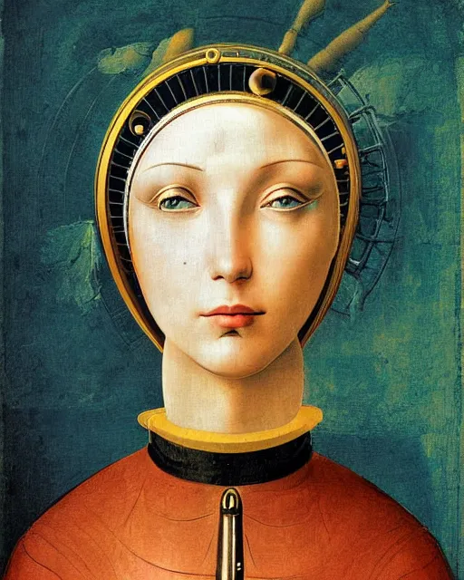 Image similar to portrait of steampunk female android, by fra angelico and sandro botticelli