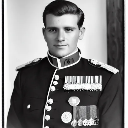 Image similar to his highness the heir presumptive, a clean shaven man in his early 3 0 s with a pleasant look and thick, light hair, his military uniform bearing several medals, black and white photography, kodak retina i, 3 5 mm, photo taken 1 9 0 8
