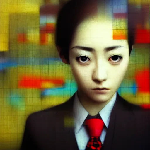 Image similar to yoshitaka amano blurred and dreamy realistic three quarter angle portrait of a young woman with short hair and black eyes wearing office suit with tie, junji ito abstract patterns in the background, satoshi kon anime, noisy film grain effect, highly detailed, renaissance oil painting, weird portrait angle, blurred lost edges