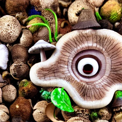 Image similar to macro photo with a singular mushroom character with cute eyes and mycelium, very close to real nature, natural colors and natural surroundings, painted patterns and coloring on mushrooms, 8K, highly detailed, cartoon