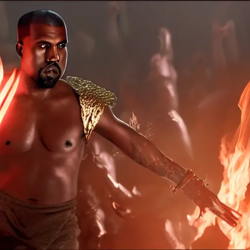 Image similar to kanye west fighting against demons with his golden sword in hell , 8k, hyper realistic, insanely detailed, legendary scene, octane render