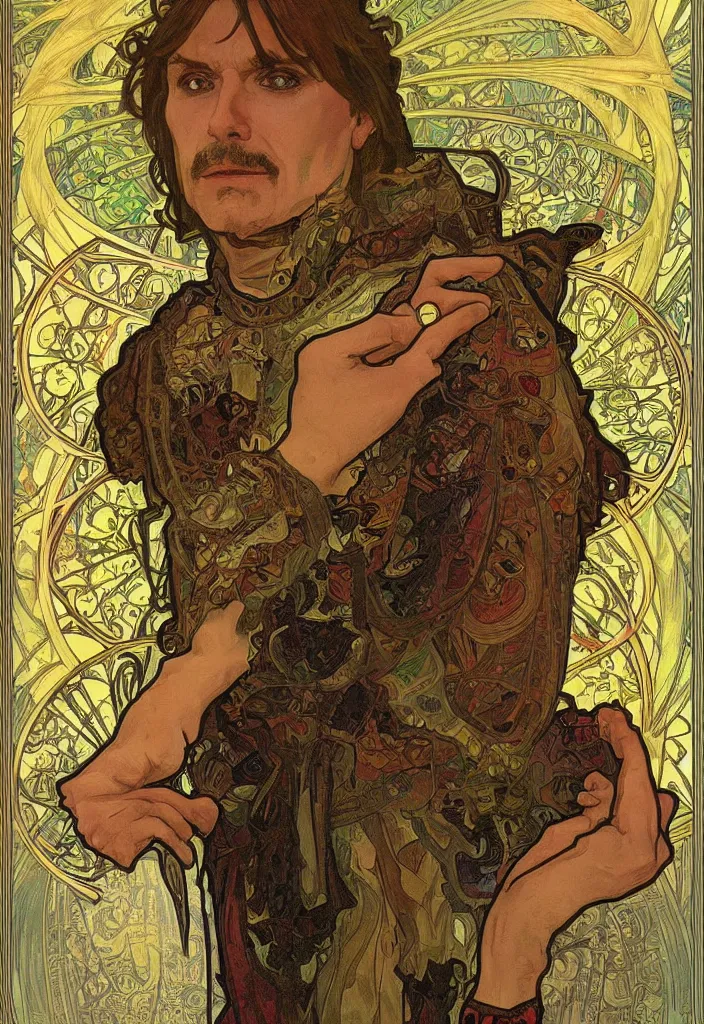 Prompt: Jurgen Schmidhuber as the Devil on a tarot card, tarot major arcana in art style by Alphonse Mucha