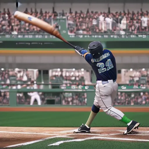 Prompt: seattle mariner baseball player hitting a home run at a full baseball park, photo realistic, found on artstation