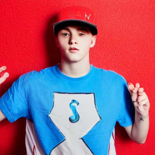 Image similar to a portrait of an american teenage boy with cyan colored hair, wearing a red backwards cap with a blue brim, white t - shirt with a red no symbol on it, blue long pants and red shoes, holding a microphone, studio lighting, photoshoot, grey backdrop