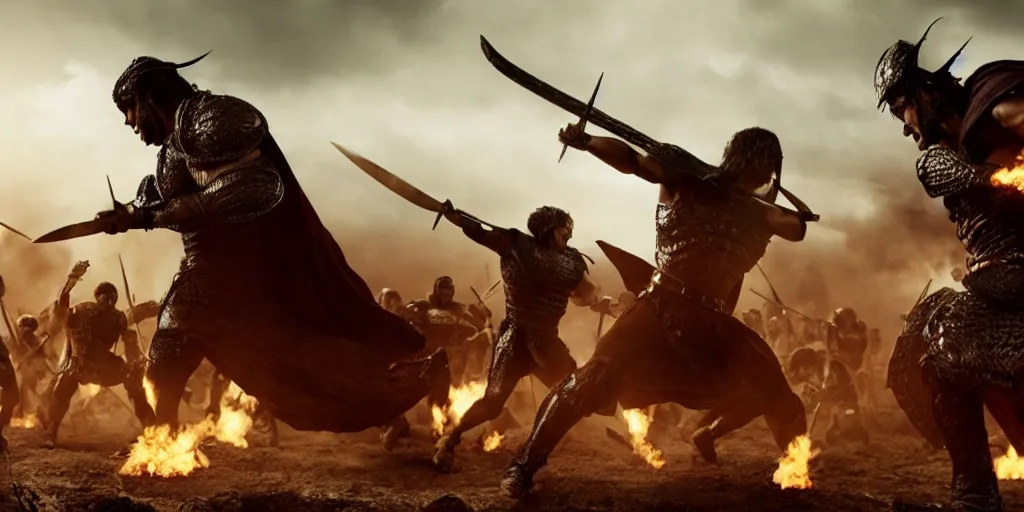 Image similar to epic battle screen of hero, film still from the movie'3 0 0'( 2 0 0 6 ), 3 d, 8 k realistic, cryengine, playstion 5 screen, cinematic lighting