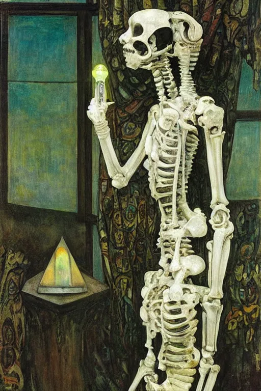 Image similar to the robot queen of bones and her lantern by the window,by Annie Swynnerton and Diego Rivera and Elihu Vedder, symbolist, dramatic lighting, elaborate geometric ornament, Art Brut, soft blues and greens,smooth, sharp focus, extremely detailed, Adolf Wölfli