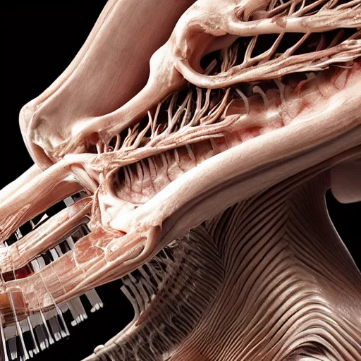 Image similar to A Bio Piano made of human skin, sinew, muscle tissue and bone, 8k octane render highly detailed in the style of H.R. Giger.