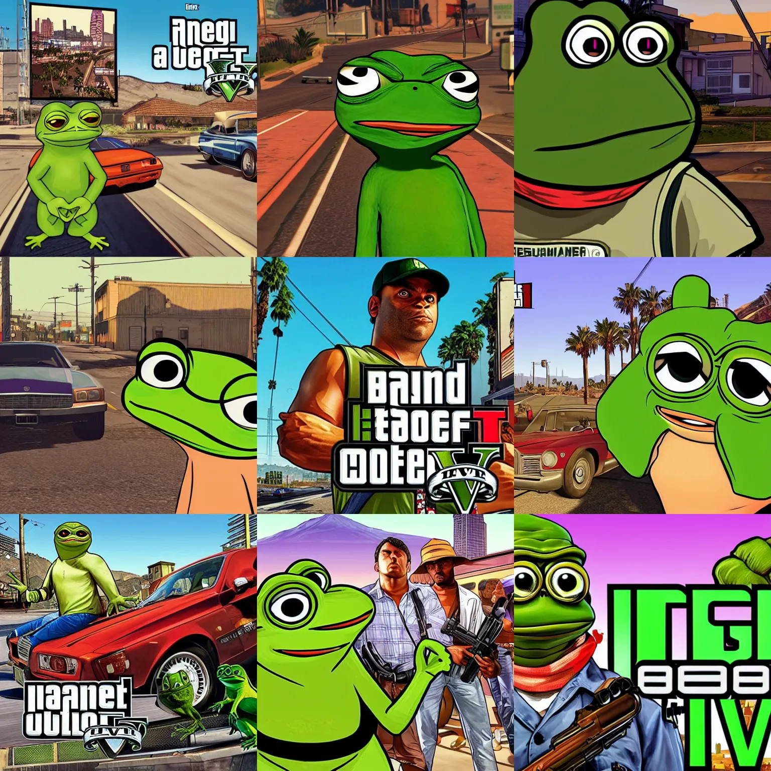 Prompt: Pepe the frog in GTA V, Cover art by Stephen Bliss, Loading Screen, Boxart, highly detailed