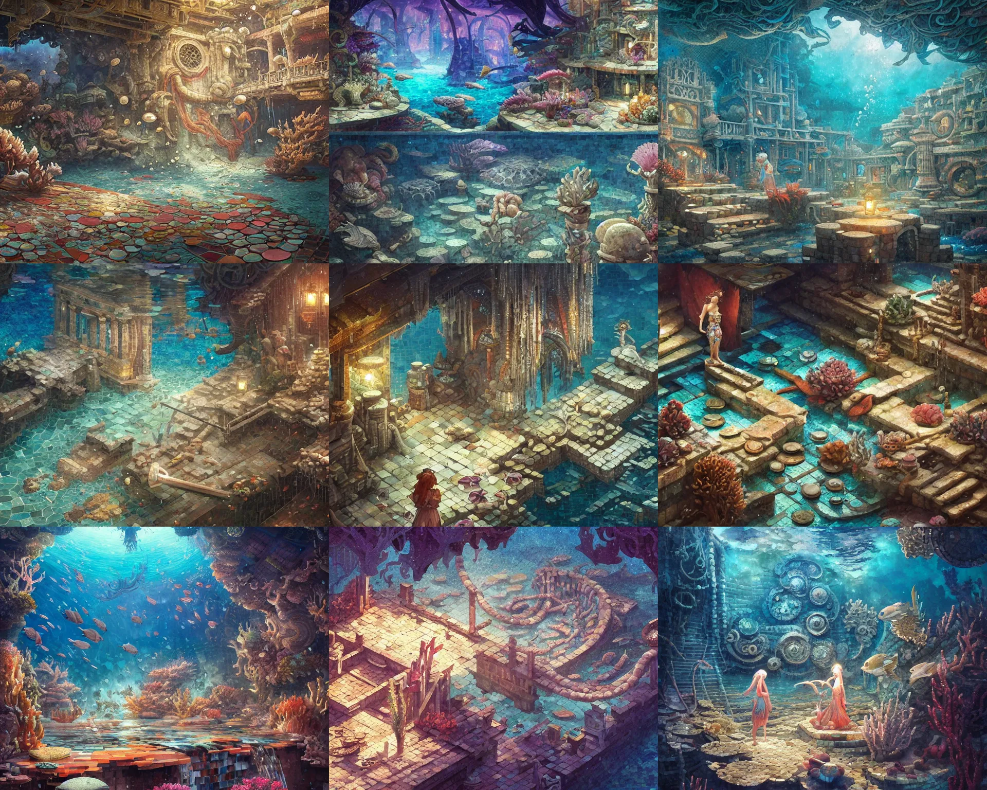 Prompt: underwater shop of mosaics of all eras, magnificent, close up, details, sharp focus, elegant, highly detailed, illustration, by Jordan Grimmer and greg rutkowski and PiNe(パイネ) and 薯子Imoko and 香川悠作 and wlop and maya takamura, intricate, beautiful, Trending artstation, pixiv, digital Art