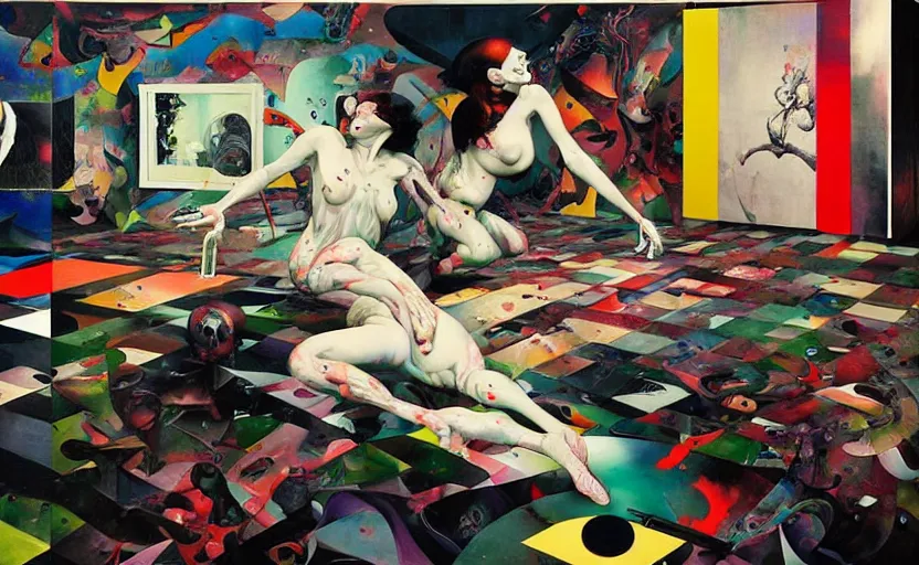 Image similar to decollage painting a multi - colored shot from a stalker movie tarkovsky vibe by adrian ghenie and takato yamamoto and edward hopper and mark ryden and tsutomu nihei, part by bridget riley, acrylic pour and splashing paint, very coherent, baroque elements, perfect anatomy, intricate design. pop art.