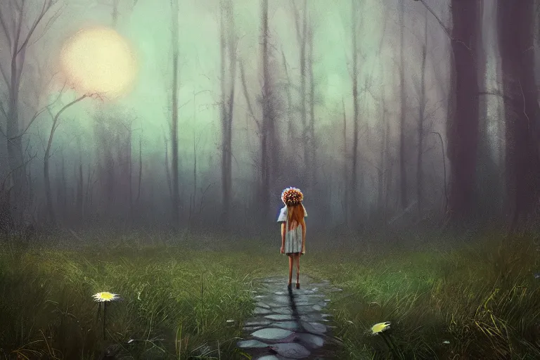 Image similar to giant daisy flower crown head, girl walking in forest, surreal photography, dark night, stars, moon light, impressionist painting, clouds, digital painting, artstation, simon stalenhag