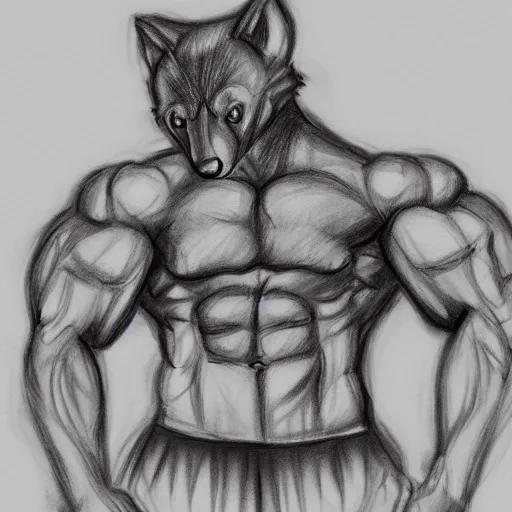 Image similar to master furry artist pencil sketch full body portrait character study of the anthro male anthropomorphic wolf fursona animal person wearing gym shorts bodybuilder at gym