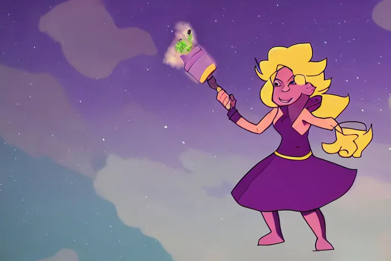 Prompt: amethyst from steven universe throws a molotov cocktail, incredibly evocative photography, rule of thirds, nighttime image