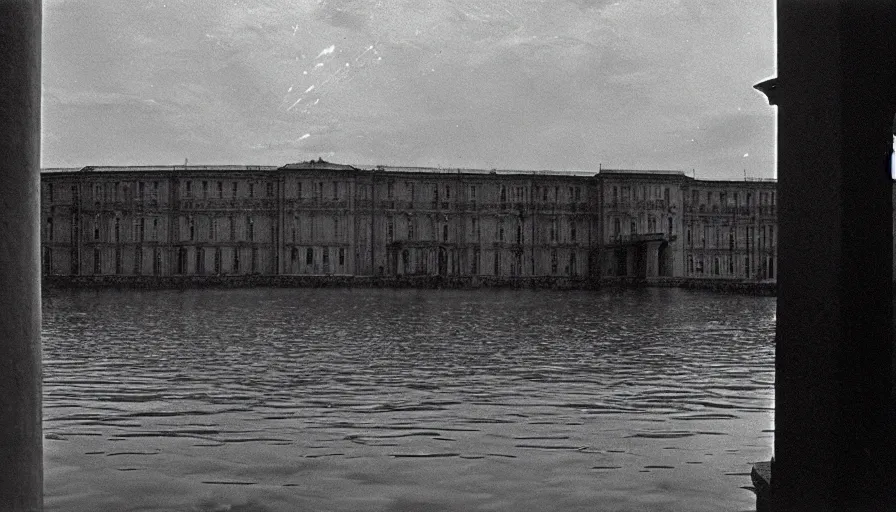 Prompt: 1 9 7 0 s movie still by andrei tarkovsky of a noneuclidian palace with a lake in the middle, by piranesi, panoramic, ultra wide lens, cinematic light, flare, anamorphic