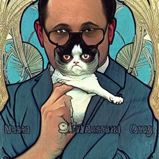 Image similar to “ portrait of george costanza from seinfeld holding grumpy cat, art nouveau, summer of george, by alphonse mucha ”