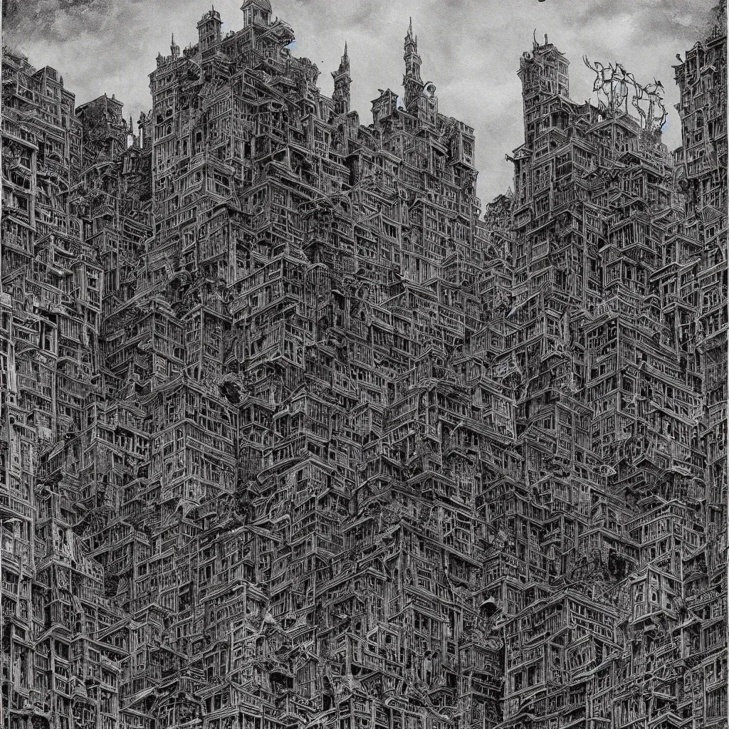 Image similar to old city inhabited by feeble eldritch beings, clear view of lovecraftian civilians, Mattias Adolfsson!!!, Piranesi!, Zdzisław Beksiński!!!!, greeble, modern European ink painting, storybook illustration, watercolor, dystopian, surrealism