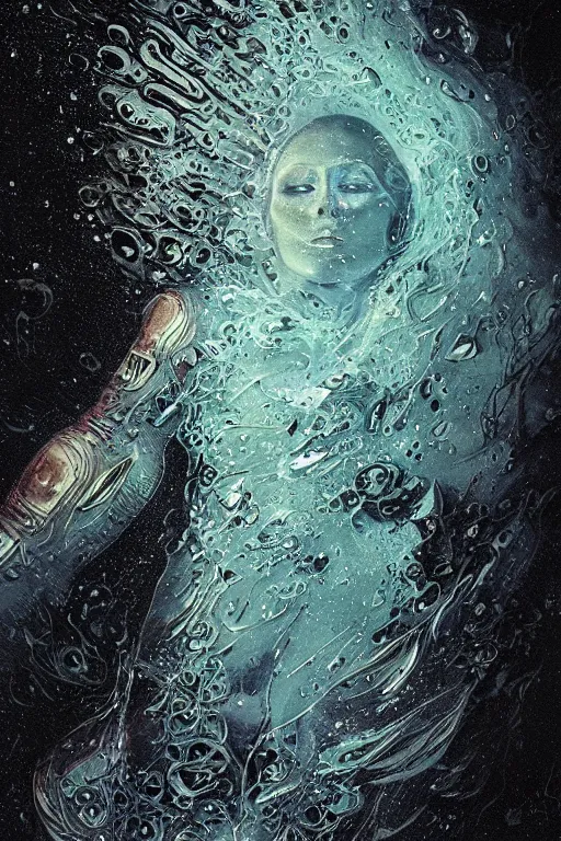 Image similar to close up shot of a full body floating astronaut portrait water elemental fading into water, high contrast, james gurney, peter mohrbacher, mike mignola, black paper, mandelbulb fractal, trending on artstation, exquisite detail perfect, large brush strokes, bold colors, intricate ink illustration, black background