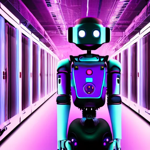 Prompt: beautiful and very cute robot in long corridors of data center looking at camera, cyberpunk, purple colors, digital art