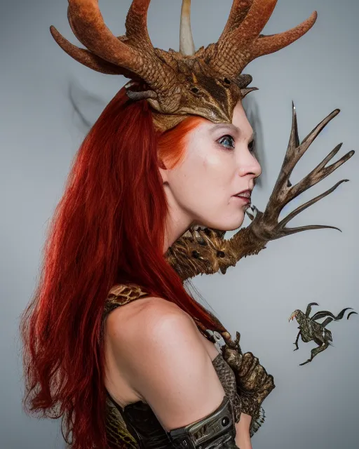 Image similar to 5 5 mm portrait photo of an armored redhead woman with ( antlers on her head ) and a an ( iguana on her shoulder ), by luis royo. highly detailed 8 k. intricate. lifelike. soft light. nikon d 8 5 0. cinematic post - processing